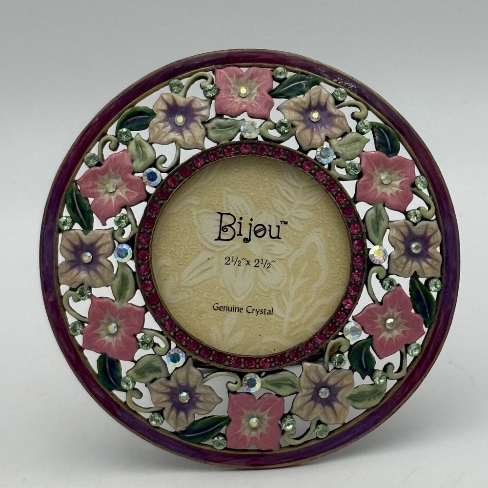 Bijou Round Floral Enamel Picture Frame Genuine Crystal Butterfly Easel 4.5 in
